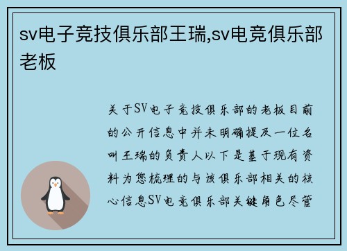 sv电子竞技俱乐部王瑞,sv电竞俱乐部老板